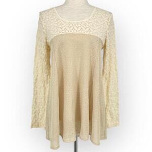 ALTAR'D STATE Cream Tunic Blouse Sheer Knit Floral Lace Long Sleeve Size Small